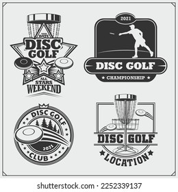 Disc ball badges, labels and design elements. Sport club emblems. Print design for t-shirt.