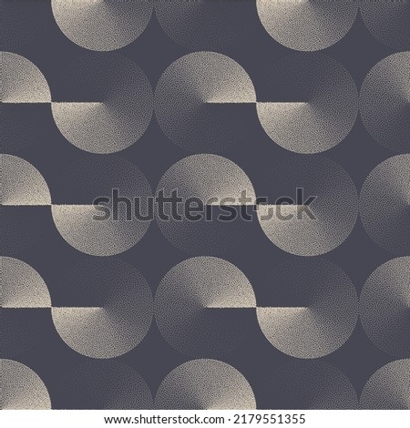Disc Bauhaus Design Graphic Seamless Pattern Vector Geometric Abstract Background. Art Deco Retro Futuristic Ellipses Structure Repetitive Grey Wallpaper. Half Tone Art Circles Continuous Illustration