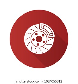 Disc brake with caliper flat design long shadow glyph icon. Vector silhouette illustration