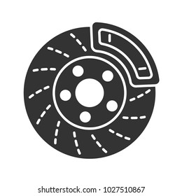 Disc brake with caliper glyph icon. Silhouette symbol. Negative space. Vector isolated illustration