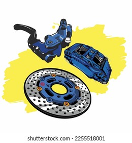 disc brake, caliper and brake handle blue color isolated on white background suitable for thailook t-shirt design.vector illustration