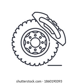 Scheibenbremsen-Konzeptsymbol, lineare einzelne Illustration, dünne Linie, Webdesign-Zeichen, Umrisssymbol mit bearbeitbarem Strich auf weißem Hintergrund.