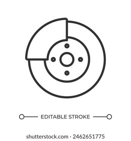 Disc brake linear icon. Auto repair service. Brake replacement. Automotive part. Vehicle maintenance. Thin line illustration. Contour symbol. Vector outline drawing. Editable stroke