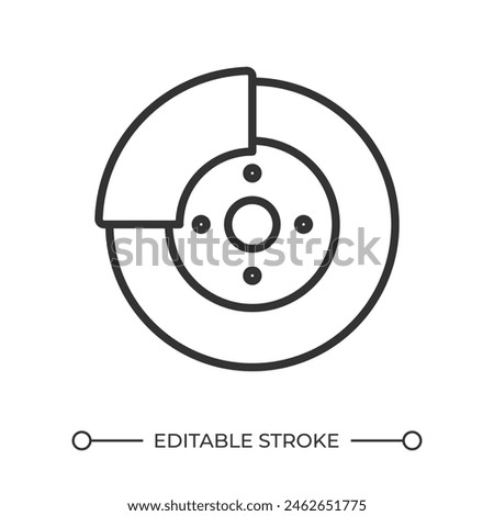 Disc brake linear icon. Auto repair service. Brake replacement. Automotive part. Vehicle maintenance. Thin line illustration. Contour symbol. Vector outline drawing. Editable stroke