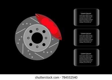 Disc brake and red caliper isolated on black background and glass banner for text decoration, Automotive parts concept.Vector illustration design. EPS10