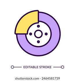 Disc brake RGB color icon. Automobile repair service. Brake replacement. Automotive part. Vehicle maintenance. Isolated vector illustration. Simple filled line drawing. Editable stroke