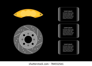 Disc brake and yellow caliper isolated on black background and glass banner for text decoration, Automotive parts concept.Vector illustration design. EPS10