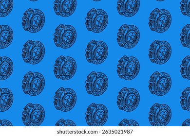 disc break on break caliper engraving line art seamless pattern on blue background. retro breaking system hatching pattern wallpaper for sport, automotive, garage, spare part, industry