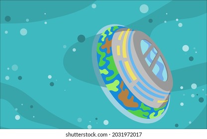 Disc colony floating on space background, space vector background flat illustration design.