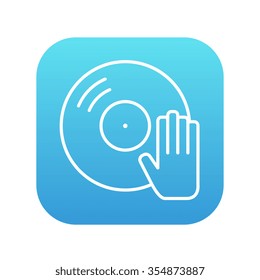Disc with dj hand line icon for web, mobile and infographics. Vector white icon on the blue gradient square with rounded corners isolated on white background.