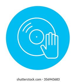 Disc with dj hand line icon for web, mobile and infographics. Vector white icon on the light blue circle isolated on white background.