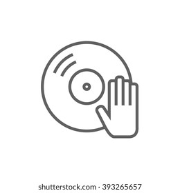 Disc with dj hand line icon.