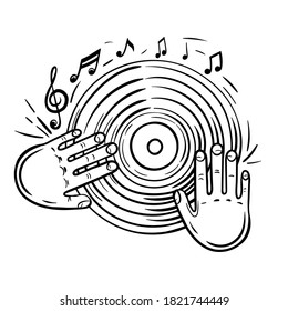 Disc with dj hand vector sketch icon isolated on background. Vinyl record and musical notes.