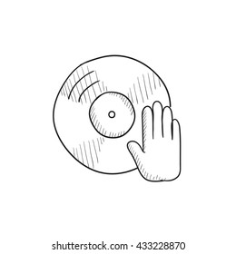 Disc with dj hand vector sketch icon isolated on background. Hand drawn Disc with dj hand icon. Disc with dj hand sketch icon for infographic, website or app.