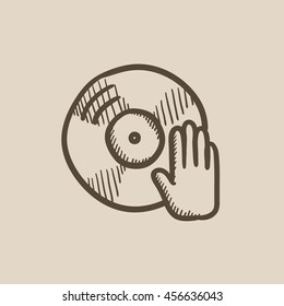 Disc with dj hand vector sketch icon isolated on background. Hand drawn Disc with dj hand icon. Disc with dj hand sketch icon for infographic, website or app.