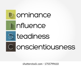 DISC, Dominance, Influence, Steadiness, Conscientiousness, acronym - personal assessment tool to improve work productivity, business and education concept