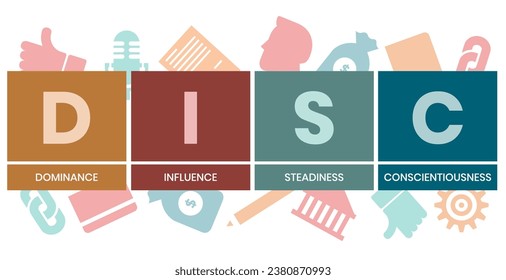 DISC - Dominance, Influence, Steadiness, Conscientiousness acronym. business concept background. vector illustration concept with keywords and icons. lettering illustration with icons for web banner