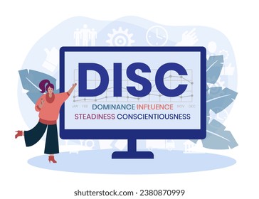 DISC - Dominance, Influence, Steadiness, Conscientiousness acronym. business concept background. vector illustration concept with keywords and icons. lettering illustration with icons for web banner