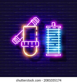 Disc filter for drip irrigation neon icon. Irrigation system, watering system, hose and accessories glowing sign. Vector illustration for design, website, advertising, store, goods.