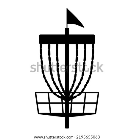 Disc golf basket with flag icon. Vector outline illustration isolated on white background
