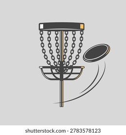 Disc golf basket and flying disc vector illustration