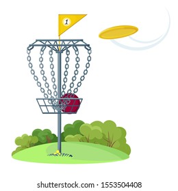 Disc golf basket with yellow flying disk