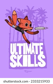 Disc golf fox. Ultimate skills fox character jumping to catch disc. Vintage typography silkscreen t-shirt print vector illustration.
