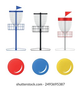 Disc golf frisbee basket with equipment outdoor sport recreation game playing set  vector illustration. Stand pole with chain flag for discs tossing leisure activity athletic competition target