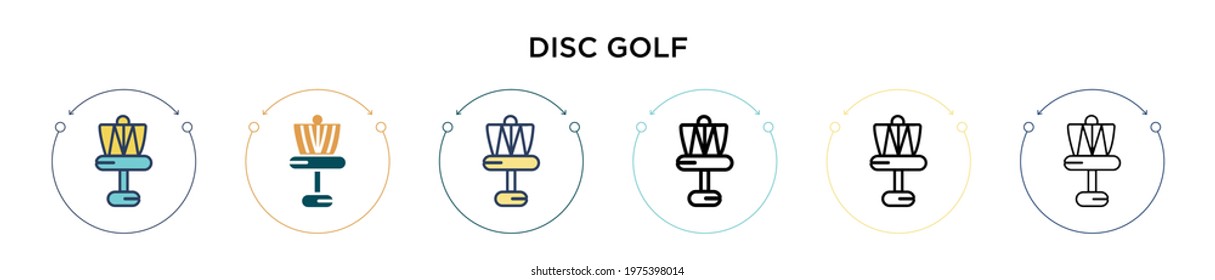 Disc golf icon in filled, thin line, outline and stroke style. Vector illustration of two colored and black disc golf vector icons designs can be used for mobile, ui, web