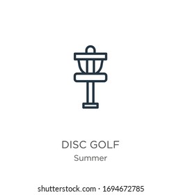 Disc golf icon. Thin linear disc golf outline icon isolated on white background from summer collection. Line vector sign, symbol for web and mobile