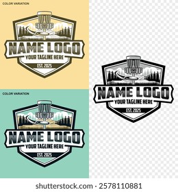 Disc golf logo design. Disc golf course logo. Disc Golf Sports Emblem Patch Logo Poster Label Vector Illustration