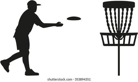 Disc golf player throwing a disc in the basket