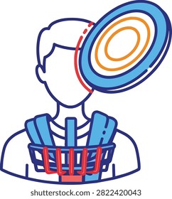 Disc golf player vector icon with flying disc and target basket graphic.
