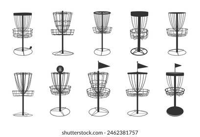 Disc golf silhouette, Disc golf basket silhouette, Austin disc golf silhouette, Disc golf vector set. 