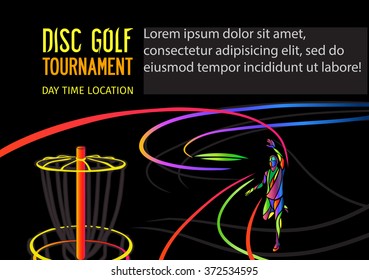 Disc Golf Sport, Flying Disc Frolf Invitation Poster Or Flyer Background With Sportsman Silhouette And Empty Space, Horisontal Vector Banner Template