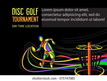 Disc Golf Sport, Flying Disc Invitation Poster Or Flyer Background With Sportsman Silhouette And Empty Space, Vector Banner Template