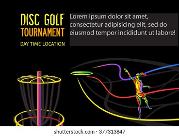 Disc golf sport, flying disc invitation poster or Frolf flyer background with female sportsman and empty space, vector banner template