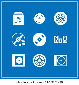 disc icon. 9 disc vector set. alloy wheel, circular saw, music album and cd in box icons for web and design about disc theme