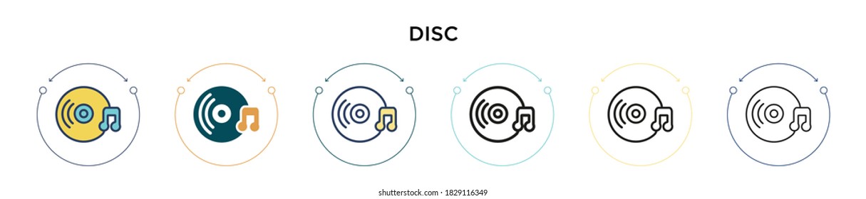 Icono de disco en estilo relleno, delgado, contorno y trazo. Ilustración vectorial de dos iconos vectoriales de disco negro y de color se puede utilizar para móviles, ui, web