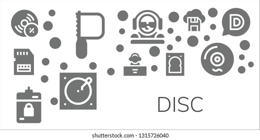 disc icon set. 11 filled disc icons.  Collection Of - Vynil, Saw, Sd card, DJ, Harddrive, Hard drive, Turntable, Diskette, Vinyl, Disqus