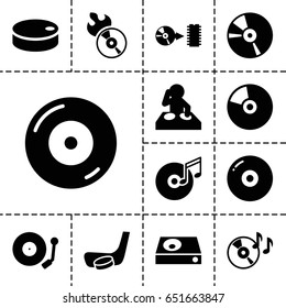 Disc icon. set of 13 filled discicons such as disc on fire, dvd player, cd, gramophone, hockey puck, hockey stick and puck