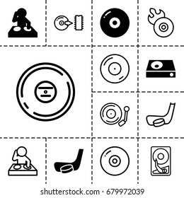 Disc icon. set of 13 filled and outline disc icons such as dvd player, hockey stick and puck, cd, gramophone