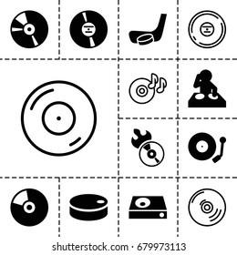 Disc icon. set of 13 filled and outline disc icons such as dvd player, cd, gramophone, hockey puck, hockey stick and puck