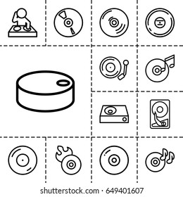 Disc icon. set of 13 outline disc icons such as disc on fire, dvd player, cd, gramophone, hockey puck