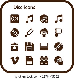  disc icon set. 16 filled disc icons. Simple modern icons about  - Record, Music, Vynil, Vinyl, Saw, Diskette, Harddrive, Vimeo, Sd card, DJ