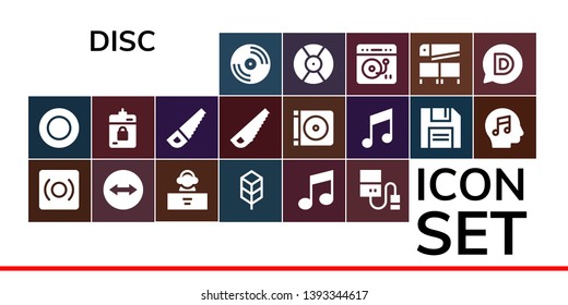 disc icon set. 19 filled disc icons.  Collection Of - Vinyl, Frisbee, Record, Team viewer, DJ, Jungle disk, Music, Hard drive, Harddrive, Saw, Dvd, Diskette, Turntable, Disqus