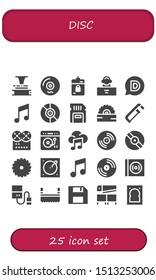 disc icon set. 25 filled disc icons.  Simple modern icons about  - Phonograph, Vinyl, Harddrive, DJ, Disqus, Music, Sd card, Saw, Turntable, Hard drive, Diskette