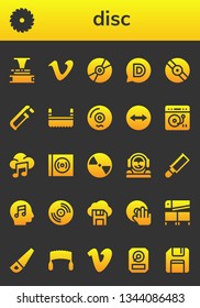 disc icon set. 26 filled disc icons.  Collection Of - Phonograph, Saw, Vimeo, Compact disc, Disqus, Vinyl, Team viewer, Turntable, Music, DJ, Diskette, Hdd, Floppy disk
