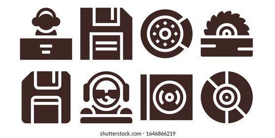 conjunto de iconos de disco. 8 iconos de disco rellenos.  Iconos modernos sencillos, como: Disquete, DJ, Diskette, Vinyl, disco de freno, Saw
