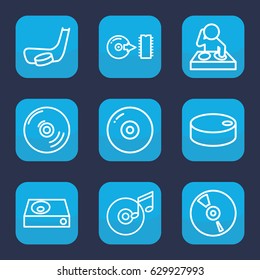 Disc icon. set of 9 outline disc icons such as dvd player, cd, hockey puck, hockey stick and puck